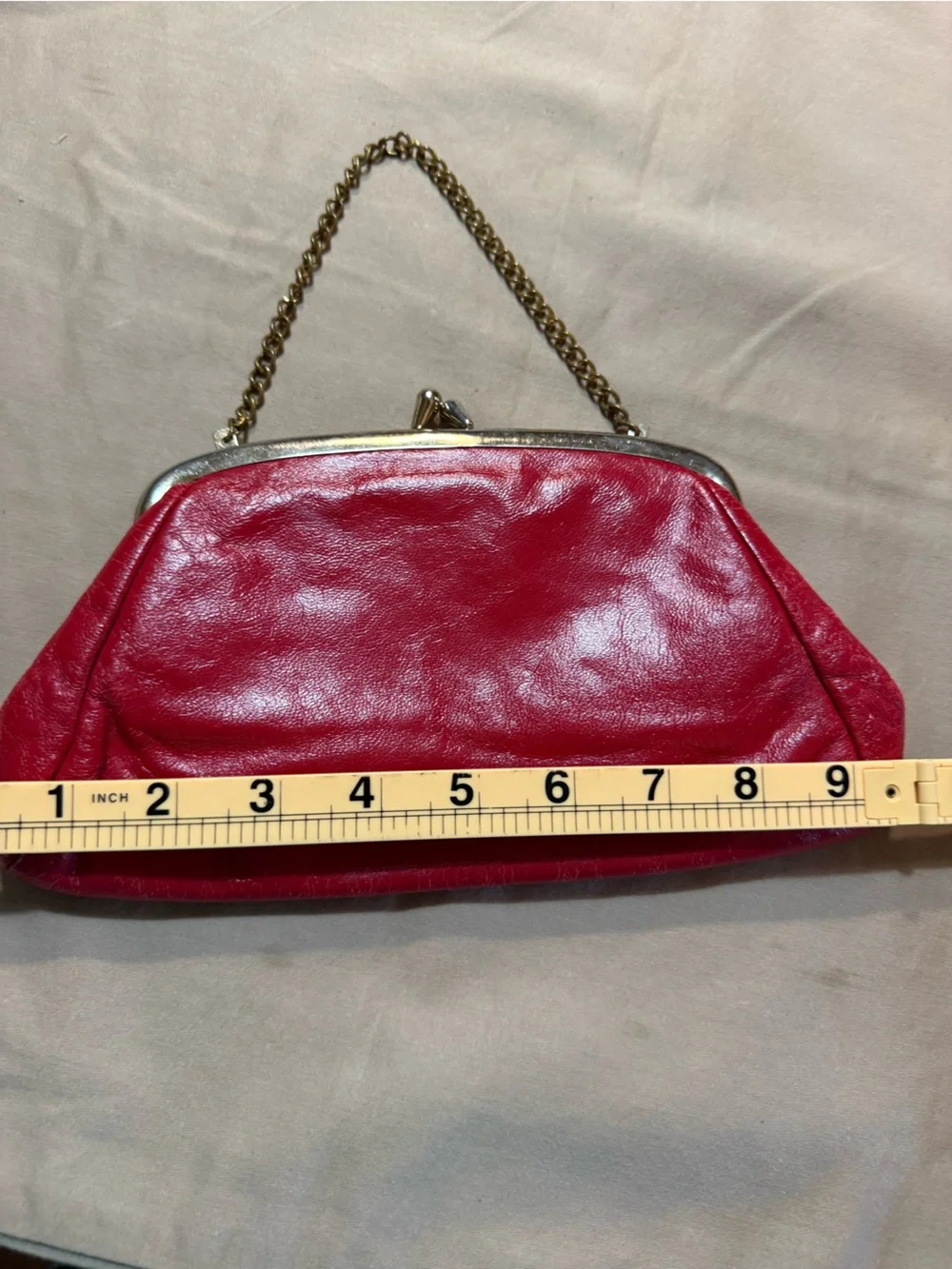 Vintage Red Leather Kiss-Lock Clutch With Chain